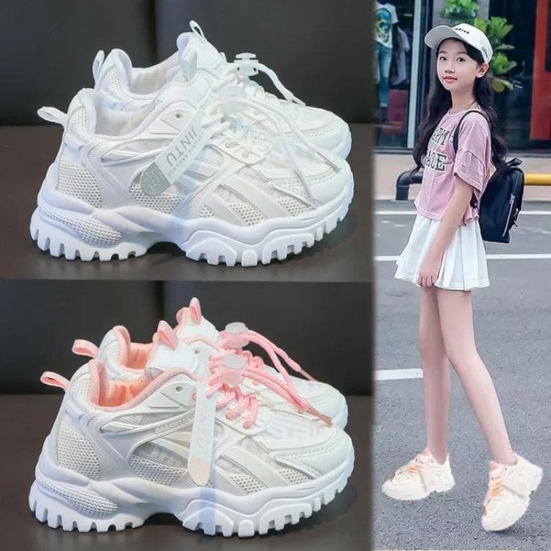 Mode Mädchen Sneaker 2024 Kinder Freizeitschuhe Mesh Plateau Designer Tennis Sneaker 6 bis 12 Jahre Kinder Sportschuh für Mädchen cm weiß