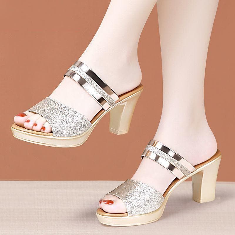 Damen Sandalen mit goldenen Absätzen und Blockabsatz, Plateau-Absatz, runde offene Zehenpartie, bequeme Pumps zum Reinschlüpfen, High Heels, Slides,