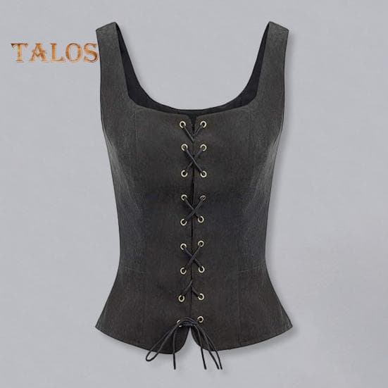 Weste für Damen mit Schnürung, Riemen, Renaissance, Vintage, quadratischer Ausschnitt, ärmellos, mittelalterlich, schmale Passform, einfarbig,