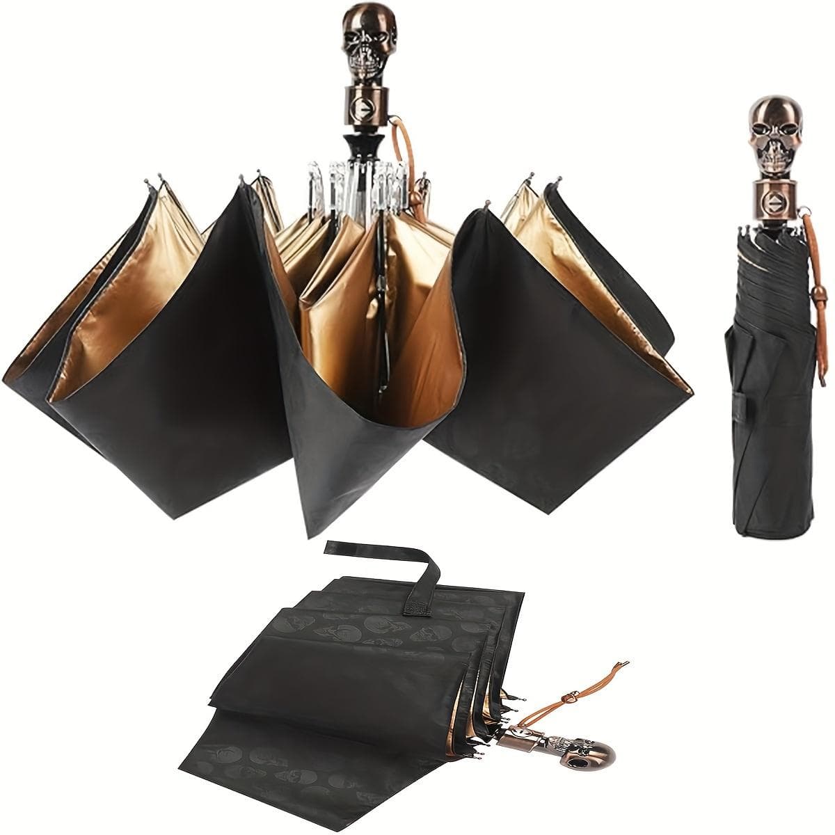 Taschenschirm mit Totenkopf-Griff, 8 Rippen, kompakter, langlebiger Freizeitschirm für Männer und Frauen schwarz