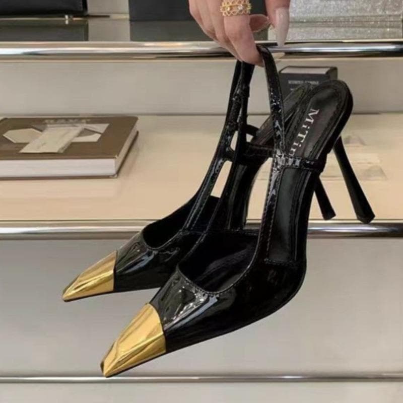 Damenmode Stiletto-Sandalen Frühling Neu Metall Spitze Zehenpartie Flacher Ausschnitt Wort mit Rutschfesten Verschleißfesten Hohen Absätzen cm
