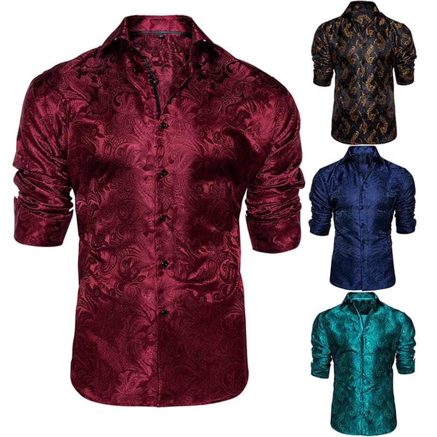 Paisley-Hemd für Herren, Weinrot, Blau, Grün, Grau, Paisley-Hemd, Seiden-Langarmhemd, Business-Freizeithemden cm schwarz