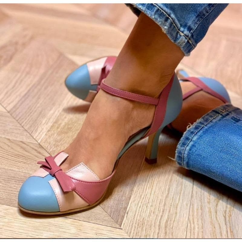 Süße Damenkleidschuhe Runde Zehenpartie Hohe Absätze Pumps 6cm Schnallenriemen Schleife Gemischte Farbe Übergröße 43 Dating-Schuh cm himmelblaue