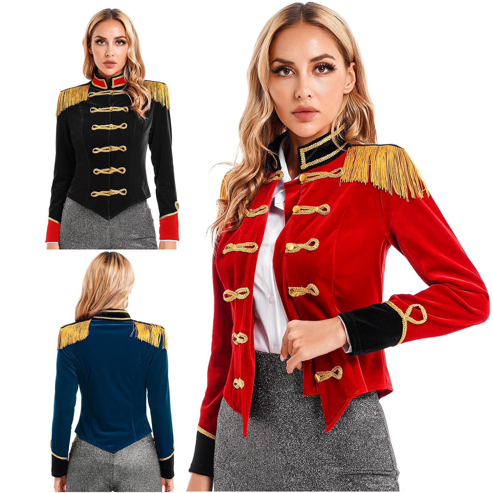Damen Zirkusdirektor Jacke Stehkragen Design Fransen Schulterklappe Samt Mantel Zirkus Halloween Kostüm cm rot