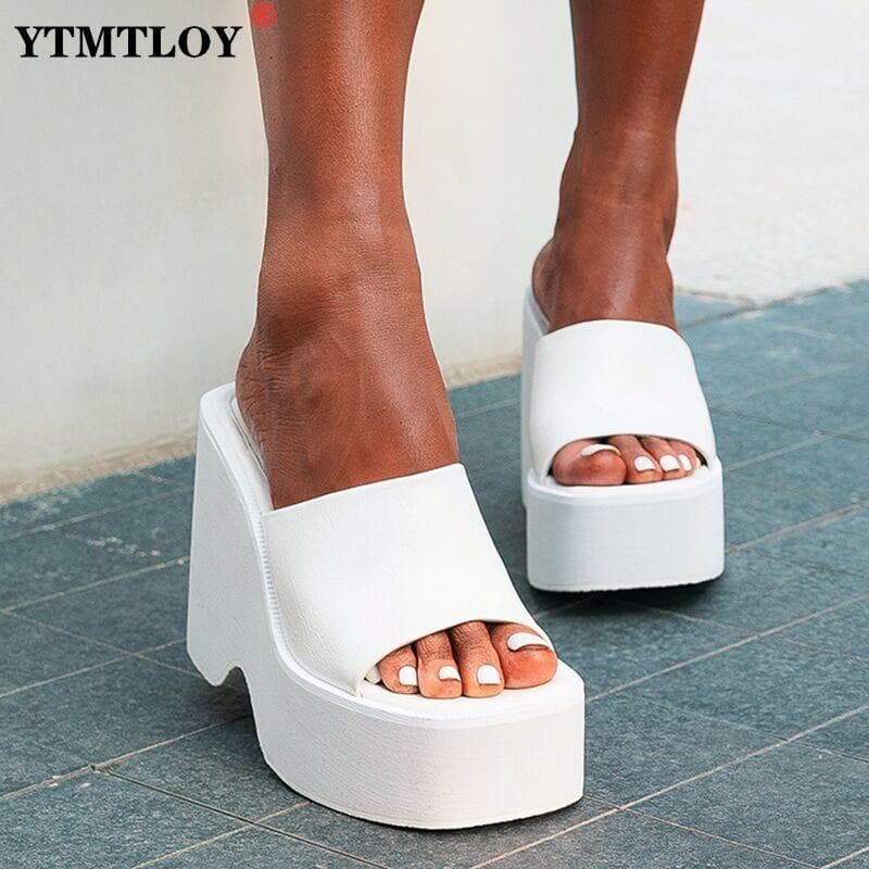 Große Größe 43 Sommer Schwarz Weiß Mules Mit Hohen Absätzen High Heels Freizeit Trendy Plattform Keile Sandalen Schuhe Für Frauen 2022 cm