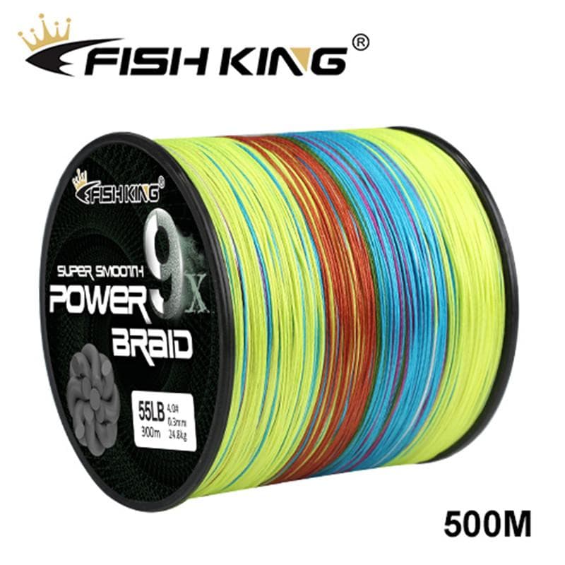 Fishing King 500 m, 9 x Strang, geflochtene Angelschnur, Multifilament, 100 % PE-Schnur, geflochtene Angelschnur bunt