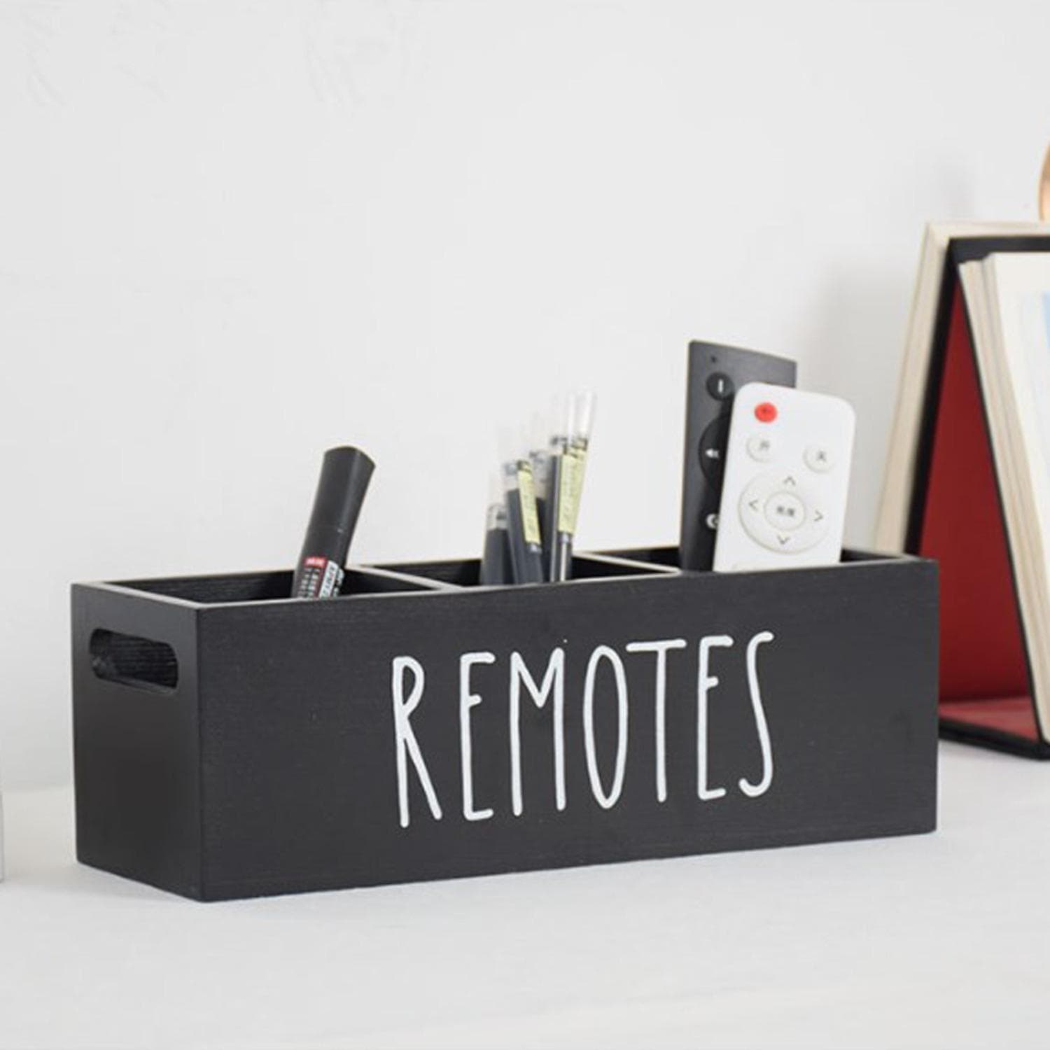 Support Télécommande, Caddy de Rangement Télécommandes Ferme, Boîte Contrôleur TV de Chevet, Plateau Organisateur Médias en Bois Rustique pour