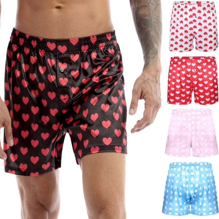 Herren-Boxershorts aus Satin, Seide, Nachtwäsche, Unterwäsche, Shorts mit Herz-Aufdruck, Lounge-Strandshorts cm schwarz