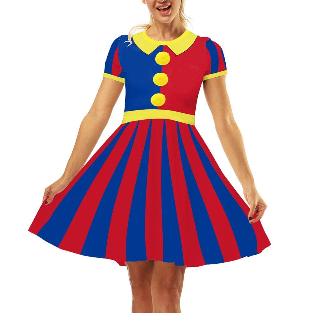 Halloween Karnevalsparty Clown Zirkusaufführung Digitaldruck Damen Rundhalskleid Bühne Cosplay Verkleidung cm