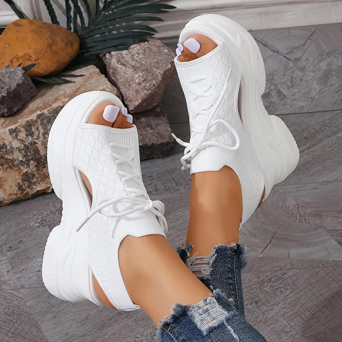 Plateau-Keilsandalen für Damen im Sommer, atmungsaktives, gewebtes, elastisches Obermaterial, bequeme Sandalen mit offener Spitze und Schnürung,