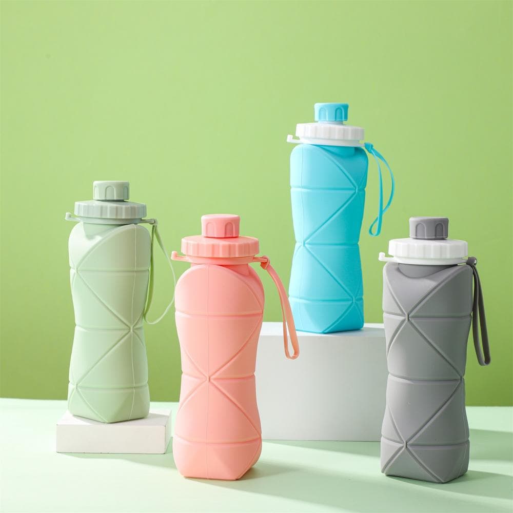 600 ml Silikon-Faltflasche für Erwachsene, tragbar, wiederverwendbar, Plastikbecher, für Outdoor-Reisen, Fitnessstudio, Wasserflasche, motivierende