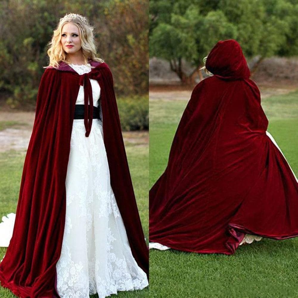 Reversibler Samtumhang mit Kapuze, gefüttert mit Satin, mittelalterliches Halloween-Weihnachts-Cosplay-Kostüm cm rot