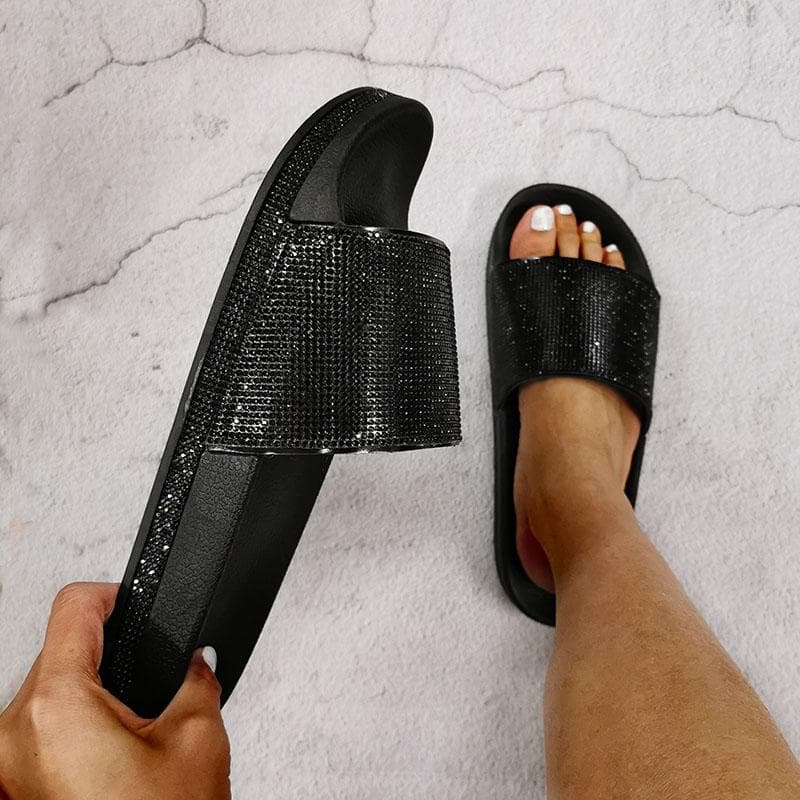 Strass-Damen-Hausschuhe Neue Mode Damen-Flip-Flops Slip-On Bequeme Strandschuhe Bling Diamond Flache Unterseite Outdoor-Rutschen cm
