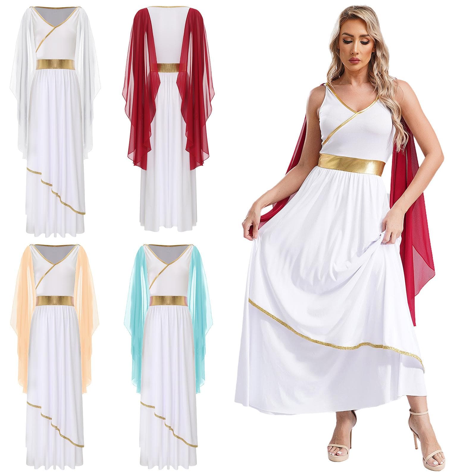 Damen Antikes Griechisches Schönheitskleid Halloween Kostüme V-Ausschnitt Ärmellos Goldbesatz Toga Griechenland Römische Königin Cosplay Kleid cm