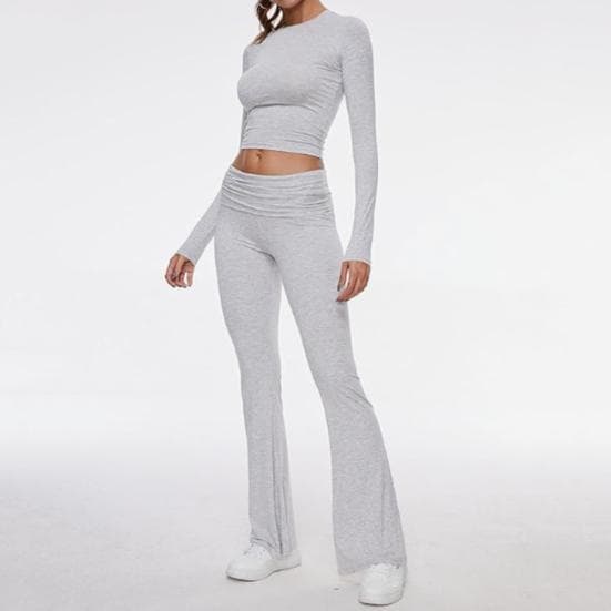 2 Teile/satz Frauen Top Hosen Anzug Dünne Hohe Taille O Hals Lange Ärmel Reine Farbe Stretchy Weiche cm licht grau