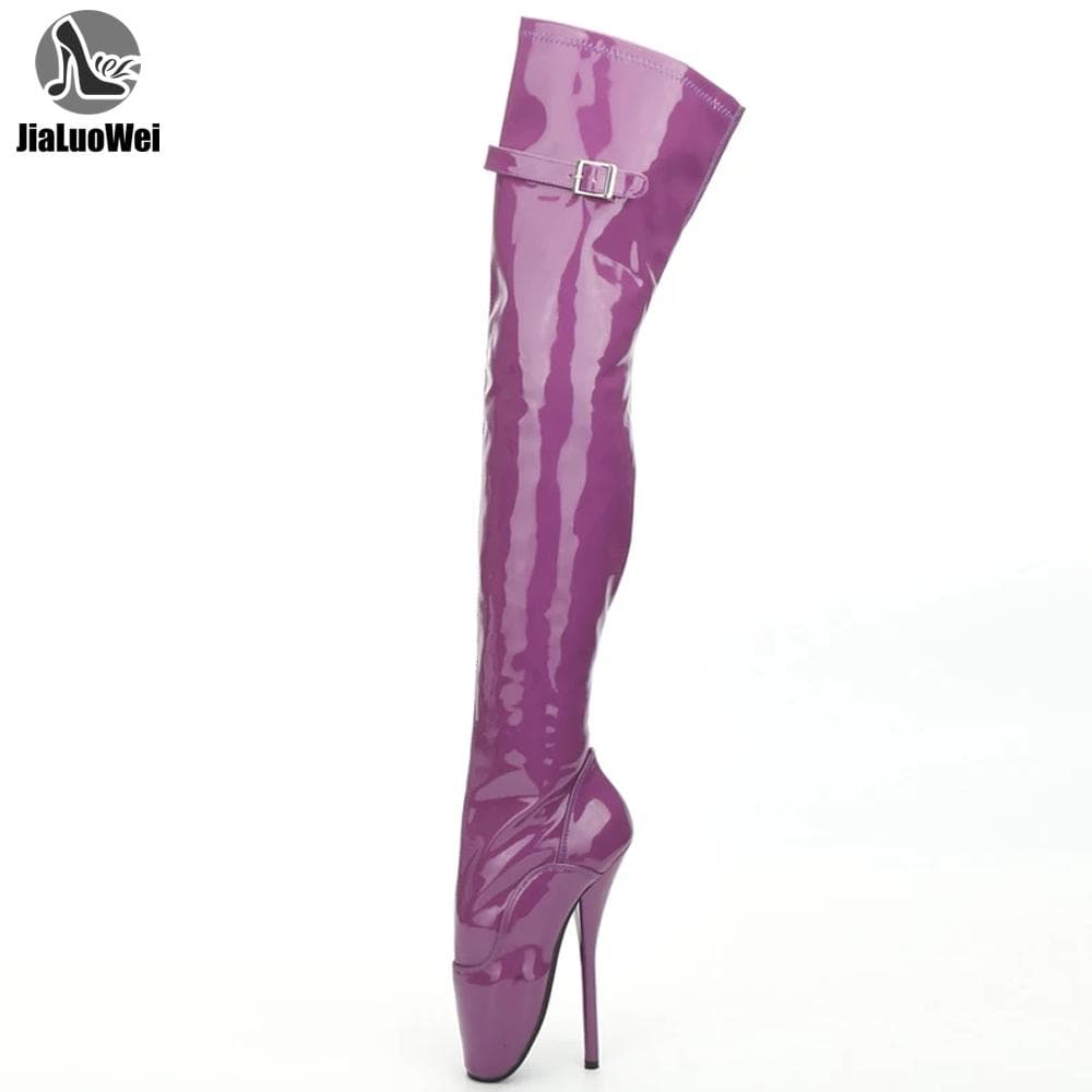 jialuowei 7-Zoll-Super-High-Heel-Stiefel für Damen, Lackleder, spitzer Zehenbereich, seitlicher Reißverschluss, Oberschenkel, hohe Ballettstiefel,