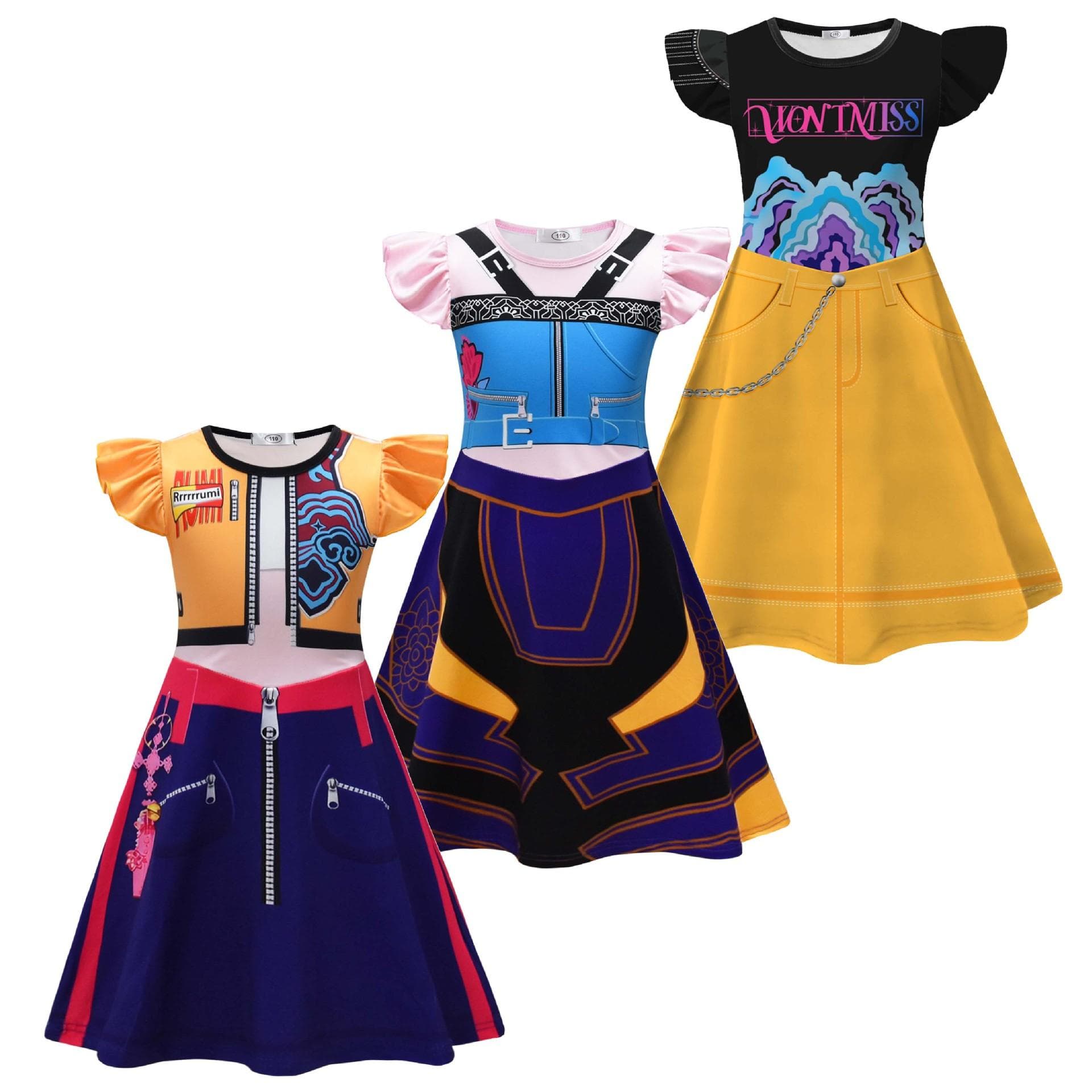 Kinder K-Pop Zoey Mira Rumi Dämonenjäger Cosplay Kostüm Mädchen Halloween Party Gruppenidol Rollenspiel Flatterärmelkleid 110cm