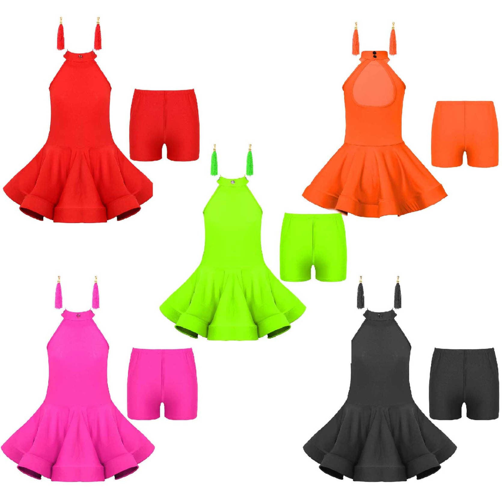 Kinder Mädchen Tanzkleidungsset, ärmelloses Lateinkleid mit elastischem Bund, Boxershorts und Quastenohrringen cm rot