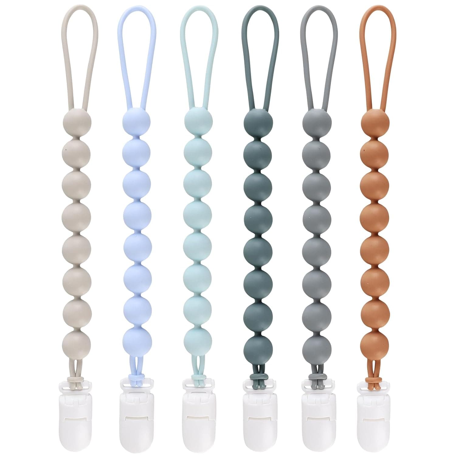 Schnullerclips aus Silikon für Babys, Jungen und Mädchen, 6er-Pack – Perlen aus einem Stück, rostfreie Halter, Linderung beim Zahnen, sichere