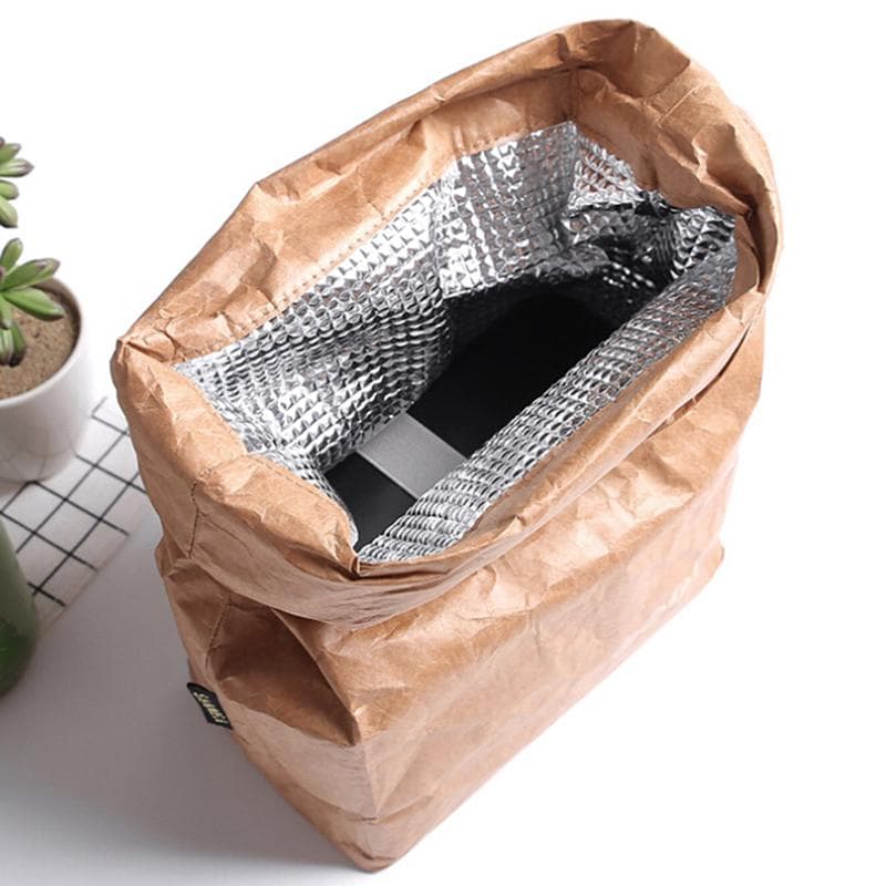 Braune Lunchtüte aus Papier, wiederverwendbar, isoliert, Thermo-Kühlsack, Magnetverschluss