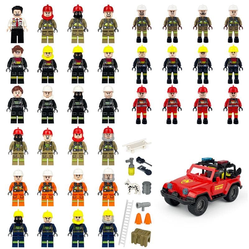 Kleine Partikel Zusammengebauter Baustein Puppe Feuerrettungskraft Stadt Feuerwehrmann Puppe Spielzeug