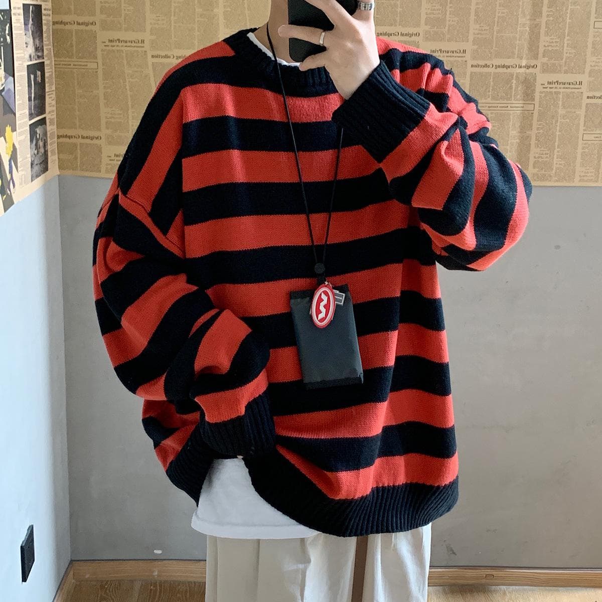 Herbst und Winter Herren Casual Fashion Gestreifter Pullover Lose Rundhals Paar Strickpullover cm weiß/schwarz