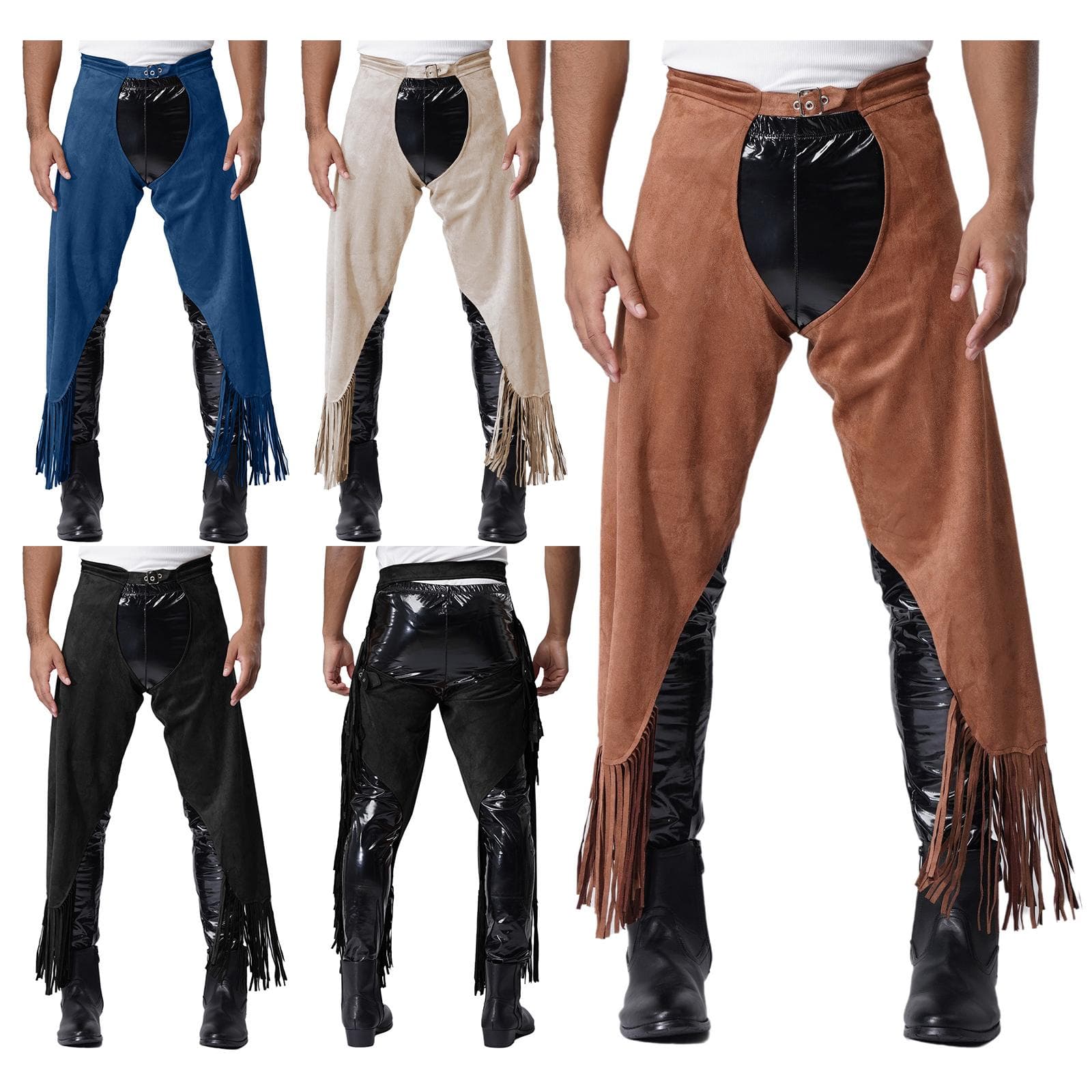 Herren Vintage Cowboy Chaps Verstellbare Schnallen Offener Schritt Fransen Suede Hose für Halloween & Western Cosplay (S-3XL) cm blau