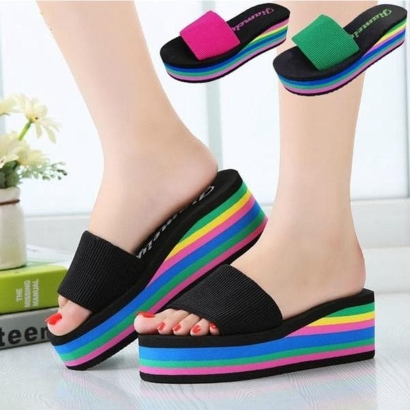 Frauen Sommer Mode Plattform Slipper Regenbogen Rutschfeste Dicke Sohlen Keil Hausschuhe Strand Slipper cm schwarz