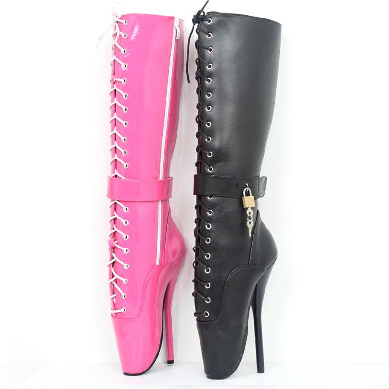 18cm/7  Extreme High Heel Abschließbare Ballettstiefel JIALUOWEI Frauen Kreuzgebundener Fetisch Sexy Pinup Spike Heels Kniehohe Stiefel cm matte