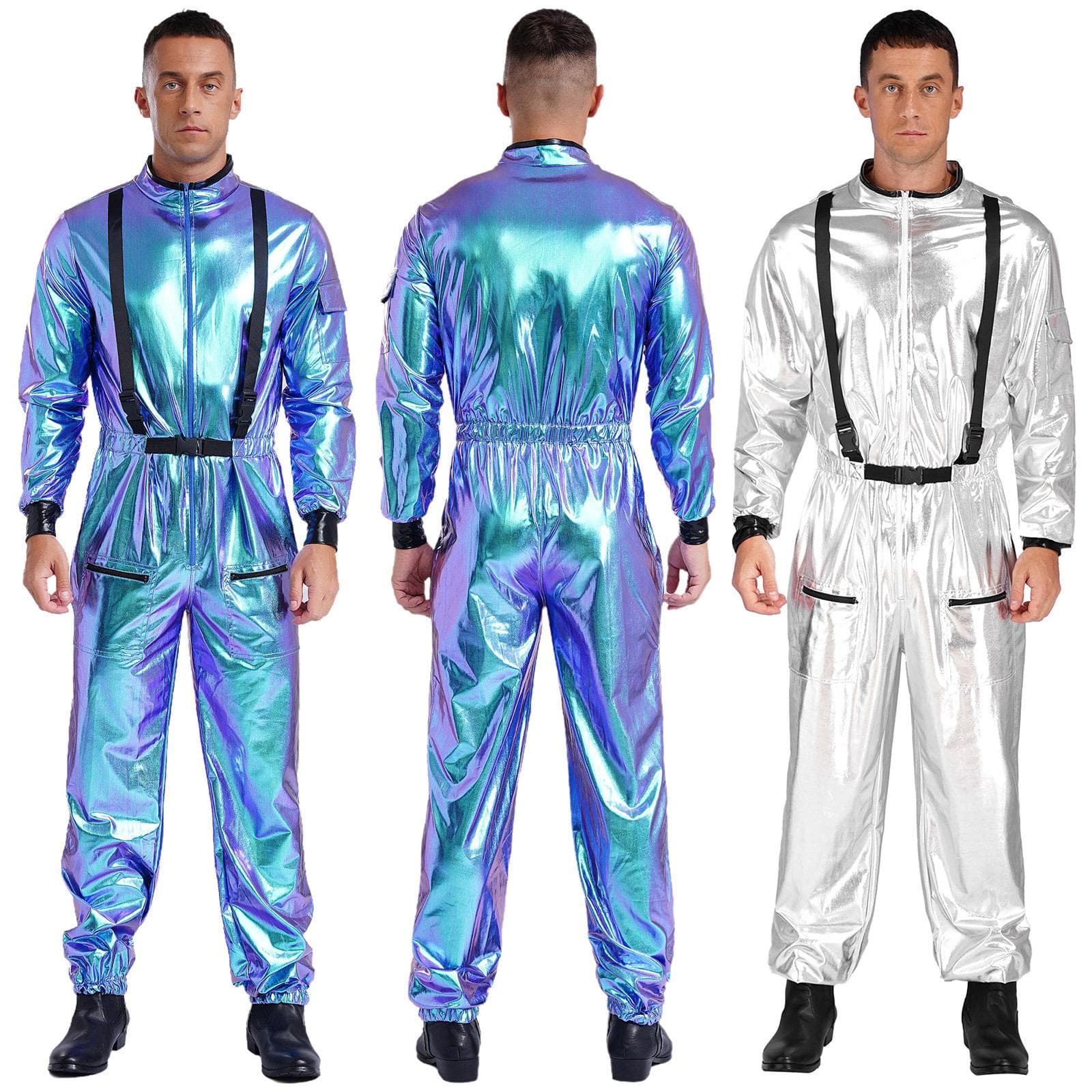 Herren Astronaut Rollenspiel Outfit Halloween Kostüm Metallic Glänzend Stehkragen Langarm Jumpsuits Reißverschluss Bodysuit cm blau