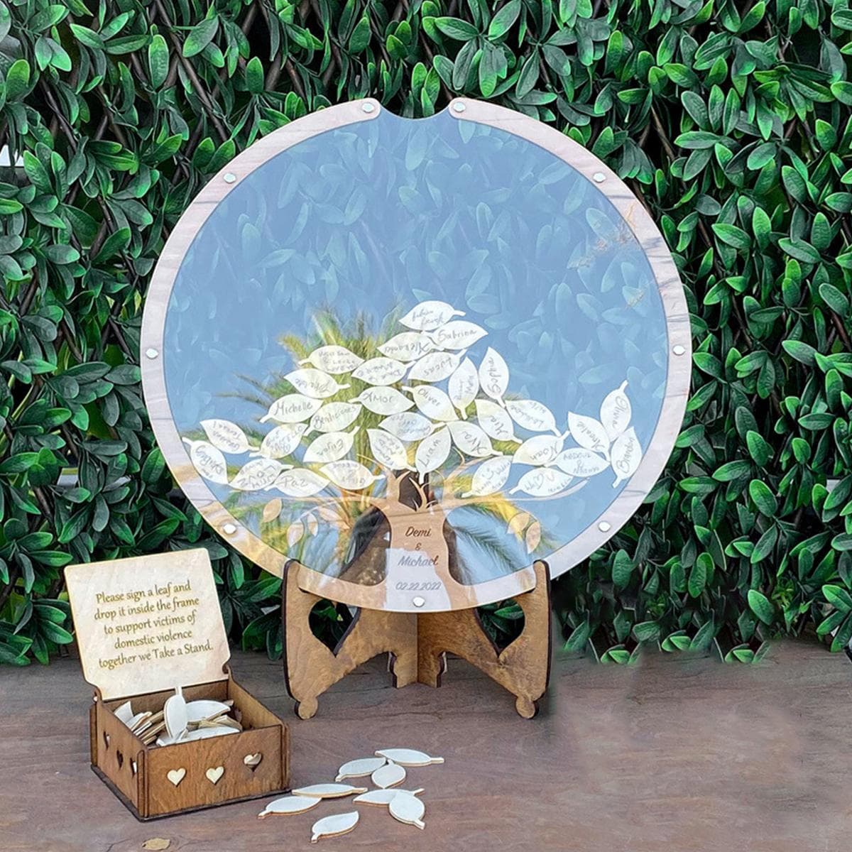 Livre d'or de mariage 60 pièces Feuilles en bois Support rond Mariage pastoral Boîte de rangement Livre d'or de messages d'anniversaire Boîte à