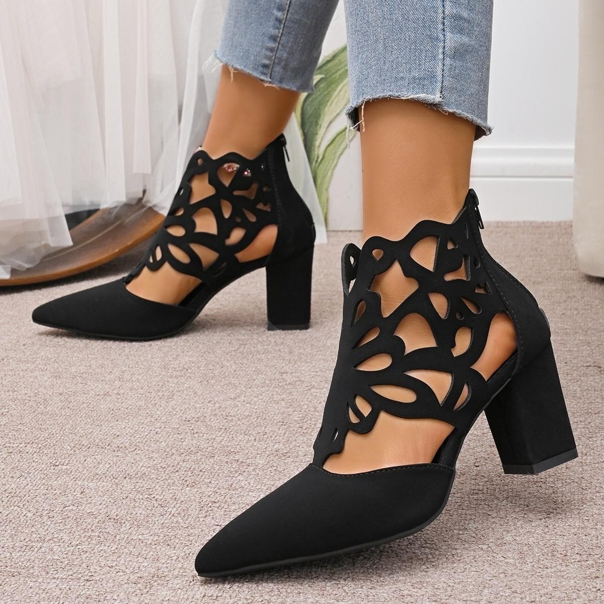 Damenschuhe 2025 Hohe Qualität Knöchel Damenstiefel Mode Ausgeschnitten Moderne Stiefel Damen Neu Übergröße Bestseller Sandalenstiefel cm schwarz