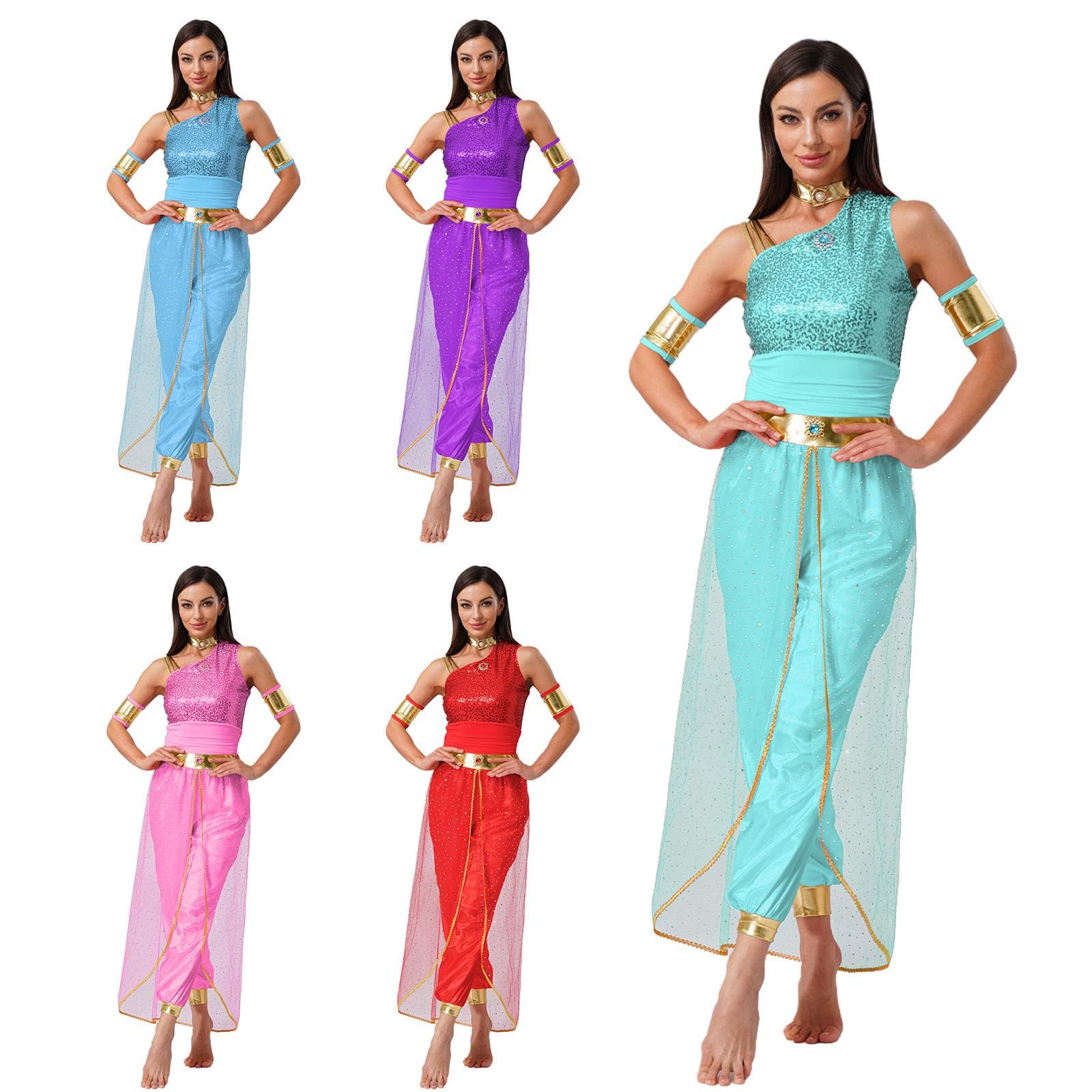 Damen Arabische Prinzessin Kostüm Bauchtanz Design Edelstein Dekor Kontrastfarbe Glänzender Tüll Überzug Jumpsuit cm minze, grüne