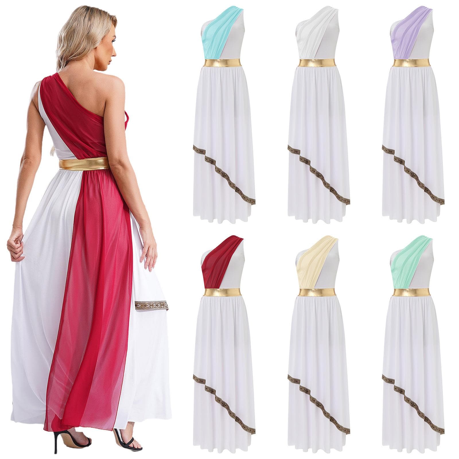 Damen Antikes griechisches Toga-Kostüm, einschultriges Chiffon-Overlay, Tunika-Kleid mit Vintage-Besatz cm champagner