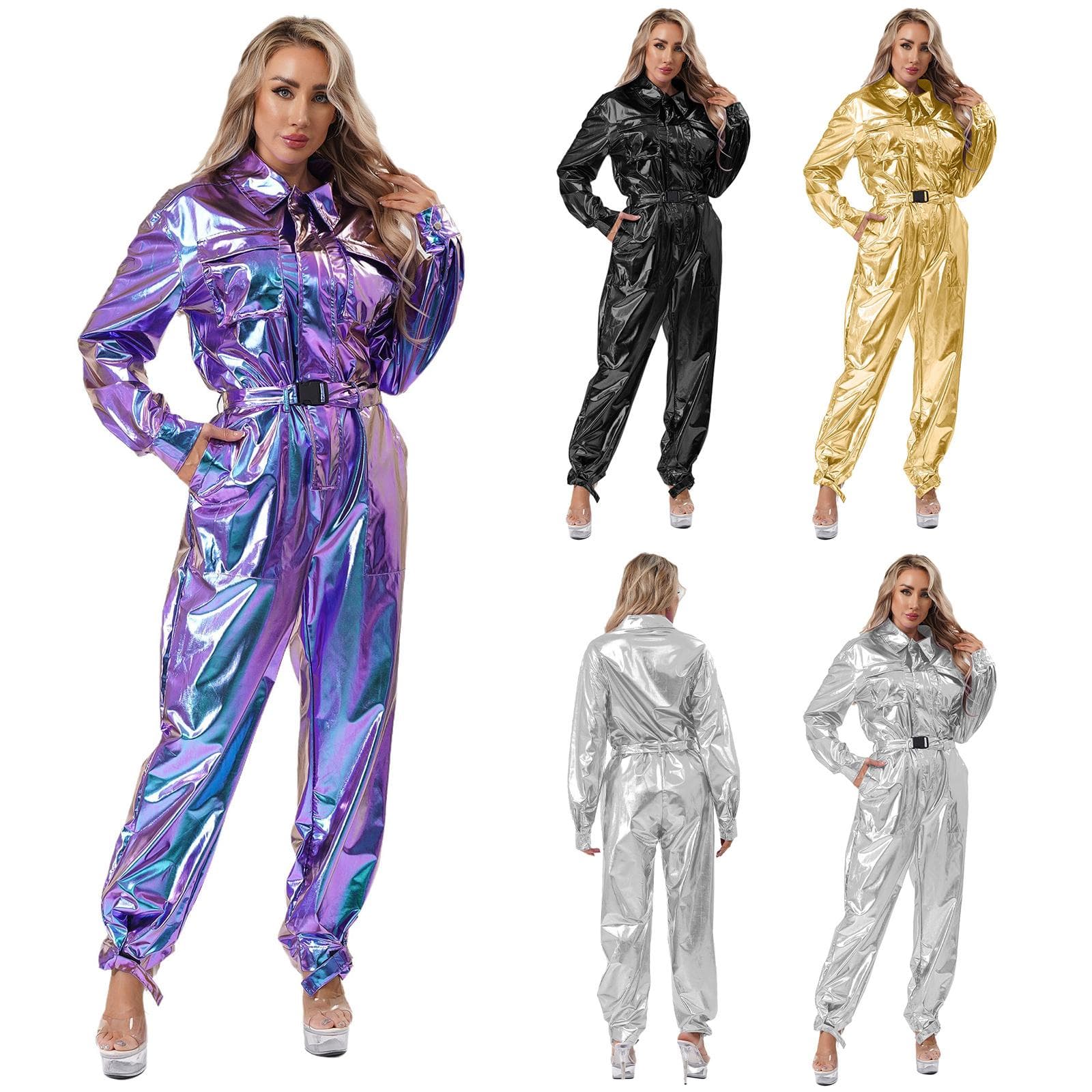 Damen Halloween Jumpsuit Overalls S-3XL: Glänzender Metallic-Body mit Umlegekragen & Gürtel, High-Waist Kostüm cm schwarz