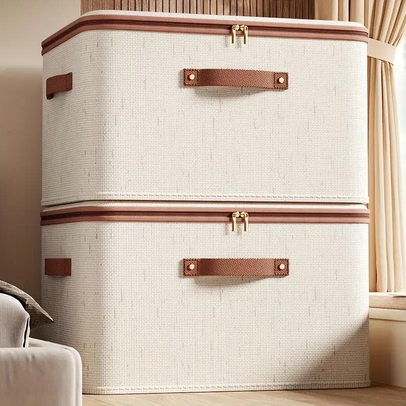 Boîte de Rangement en Lin Grande Capacité 56L Double Fermeture Éclair et Poignées en Cuir Pliable Organisateur Sous-Lit avec Couvercle pour
