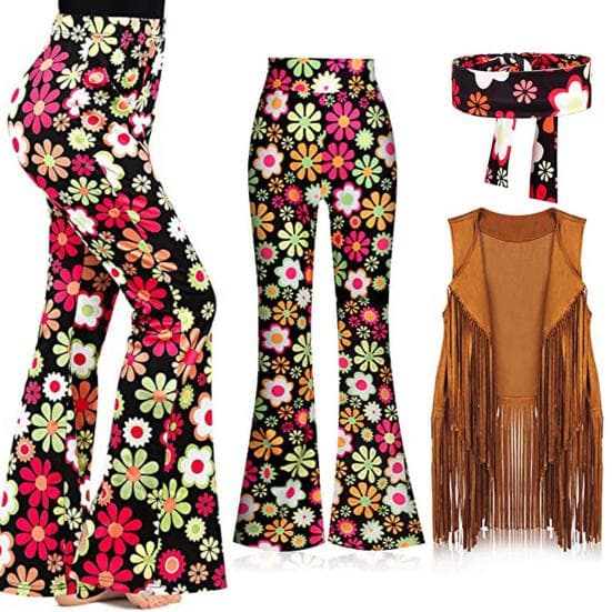Damen Hippie Kostüm Outfits Retro Schlaghosen Quastenweste Stirnband Set für Halloween cm schwarz