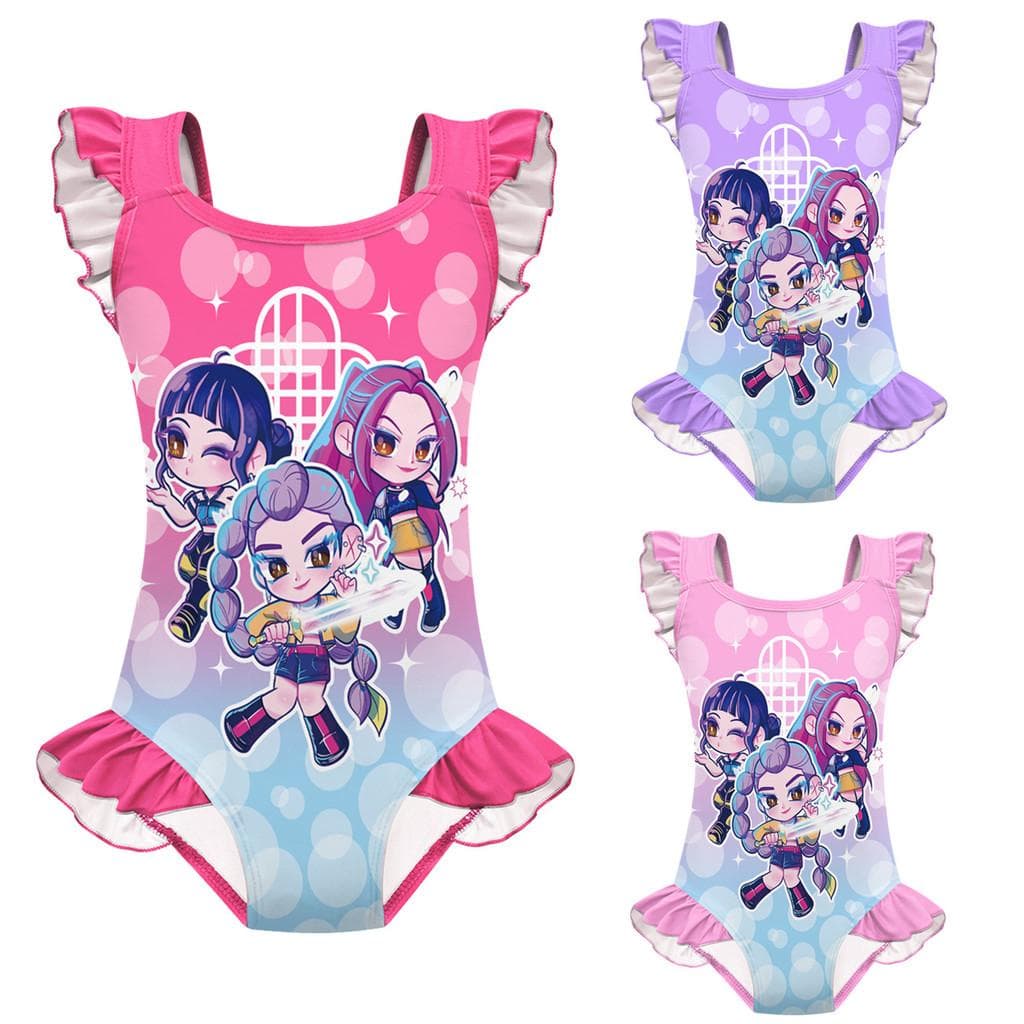 Kinder Mädchen Anime Cartoon K-Pop Rumi Zoey Mira Print Rüschen Ärmellos Einteiliger Badeanzug Bademode 120cm