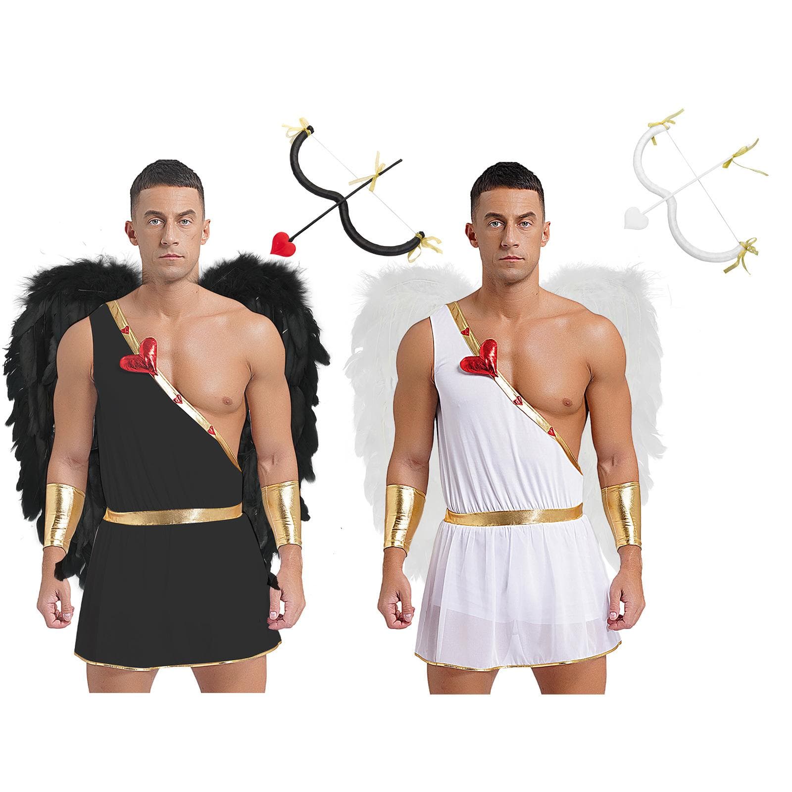 Komplettes Amor Kostüm Set für Herren S-3XL, Sexy Ein-Schulter Herz Romper mit Abnehmbaren Manschetten, Federflügel & Bogenpfeil cm schwarz