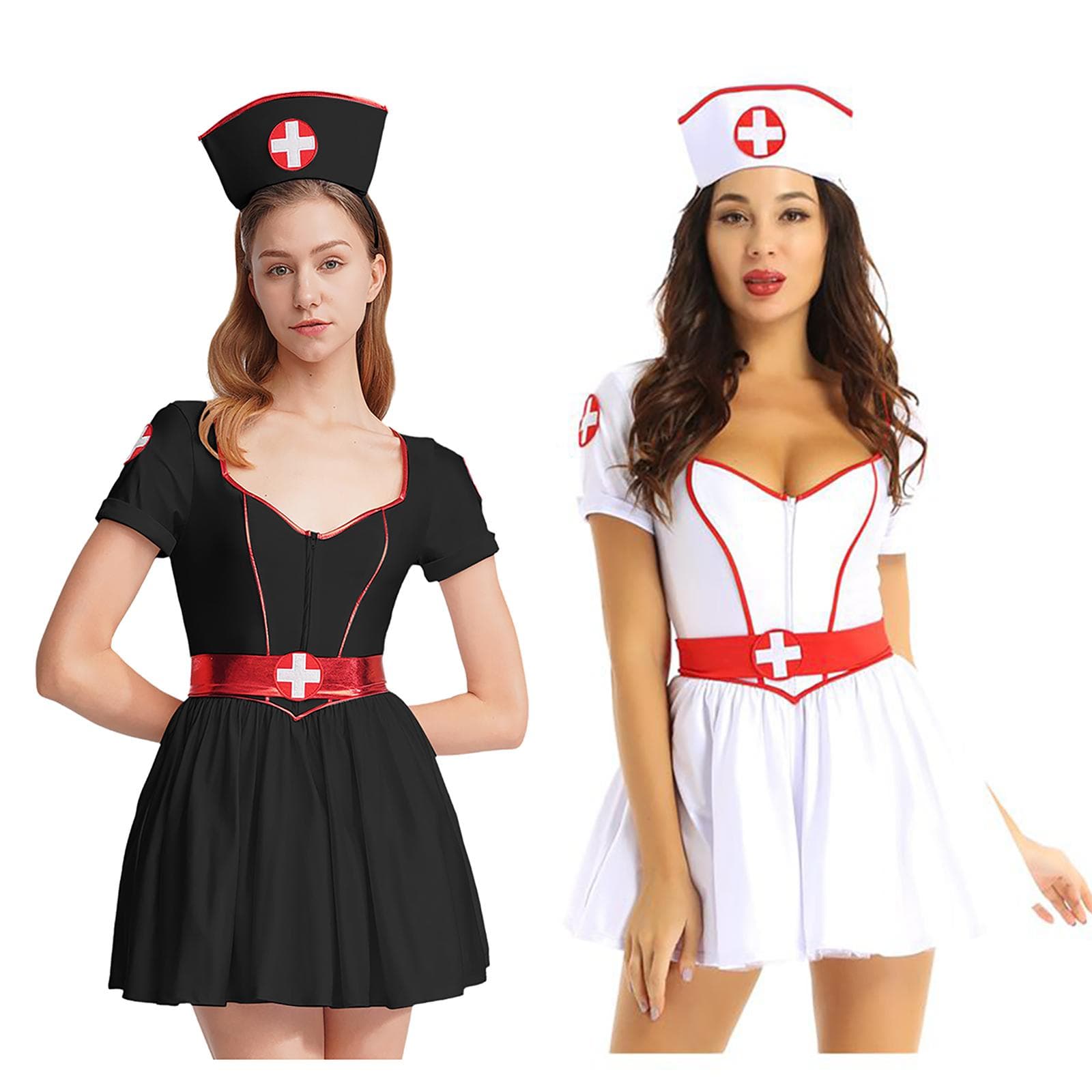 Krankenschwester-Kostüm für Damen und Erwachsene, Halloween-Party-Outfit, kurzärmeliges Kleid mit Stirnband und Gürtel cm schwarz