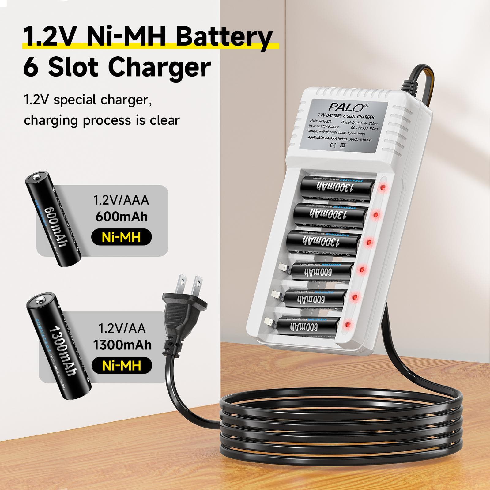 PALO Wiederaufladbare Batterie AA 1,2V Ni-MH Batterien AA(HR6) 1300mAh und AAA(HR03) 600mAh NI-MH 2A/3A Akkus+6-fach Ladegerät