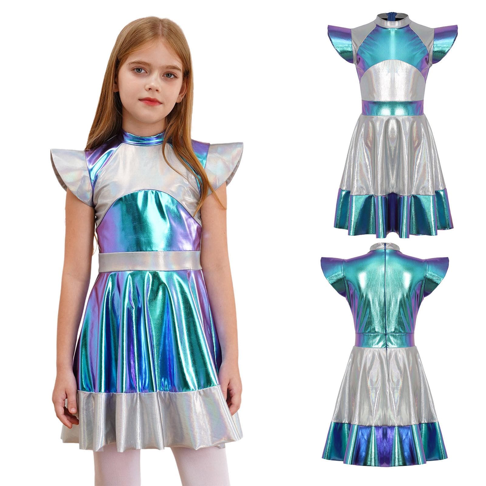 Kinder Mädchen glänzend metallisch Weltraum Cutie Kostüm Halloween Alien Fancy Cosplay Kostüm Flügelärmelchen Kleid Roly Play Kleidung cm silber