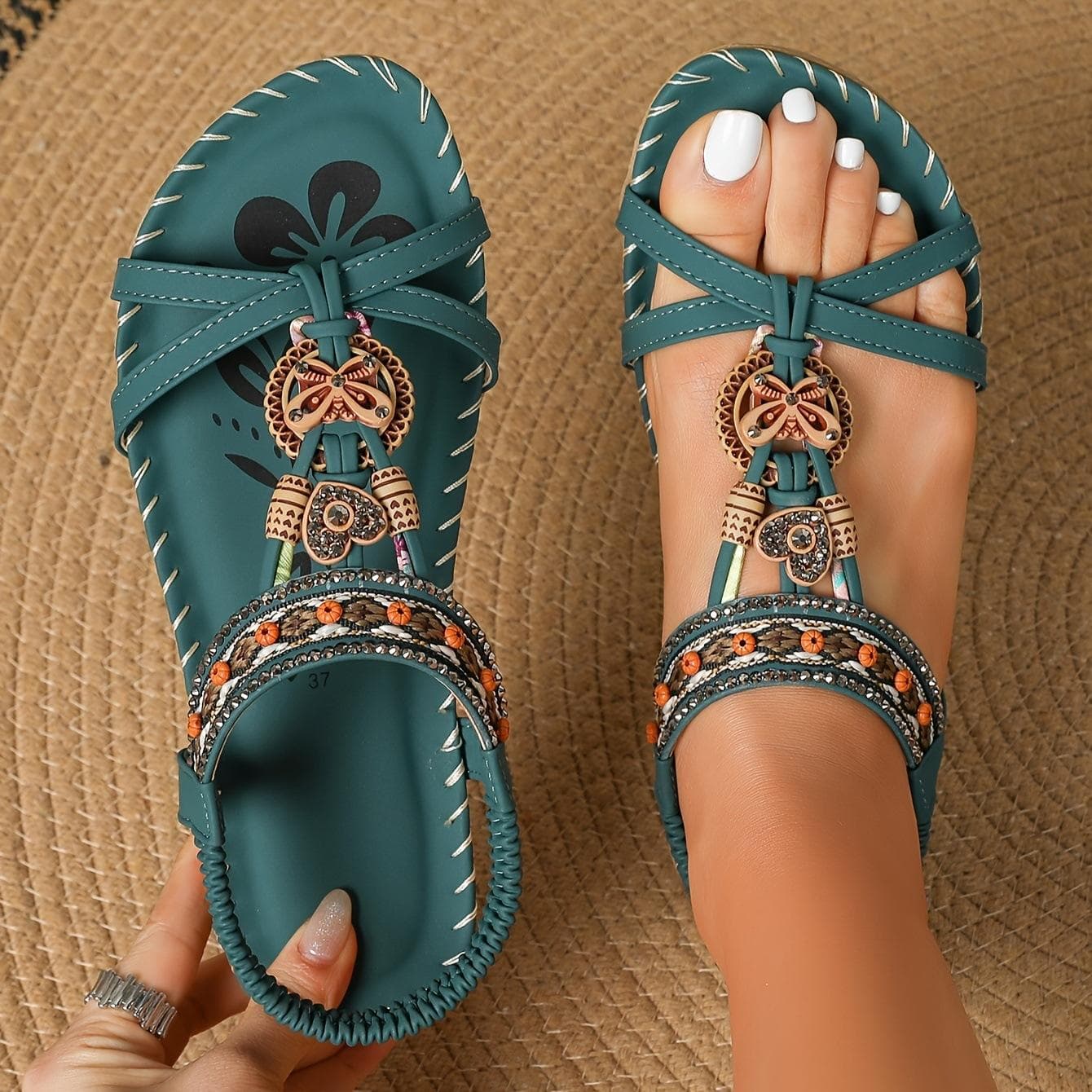 Damen Sandalen Bohemian Große Größe Blumen Strass Sandalen Offene Zehen Strandsandalen cm grün