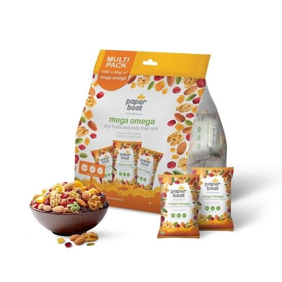 Paper Boat Mega Omega Trockenfruchtmischung, Premium Trail Mix mit Omega 3 | Walnüsse | Cranberry | Kürbiskerne (Packung à 10 Stück, je 30g)