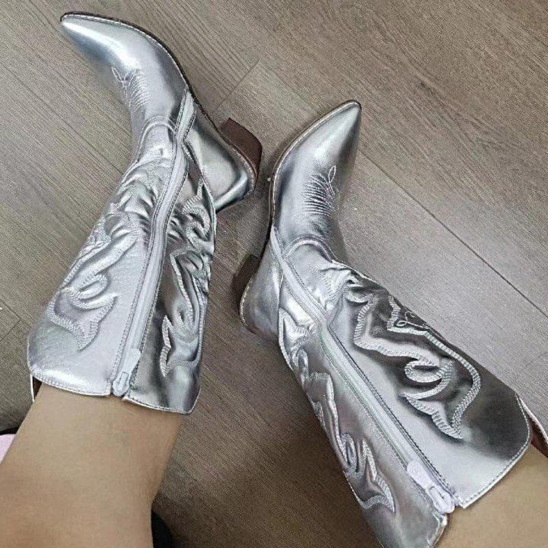 Modischer Cowboystiefel für Damen, kurze Stiefeletten mit Blockabsatz, Cowgirlstiefel, bestickt, mittelhohe Westernstiefel, heiß cm