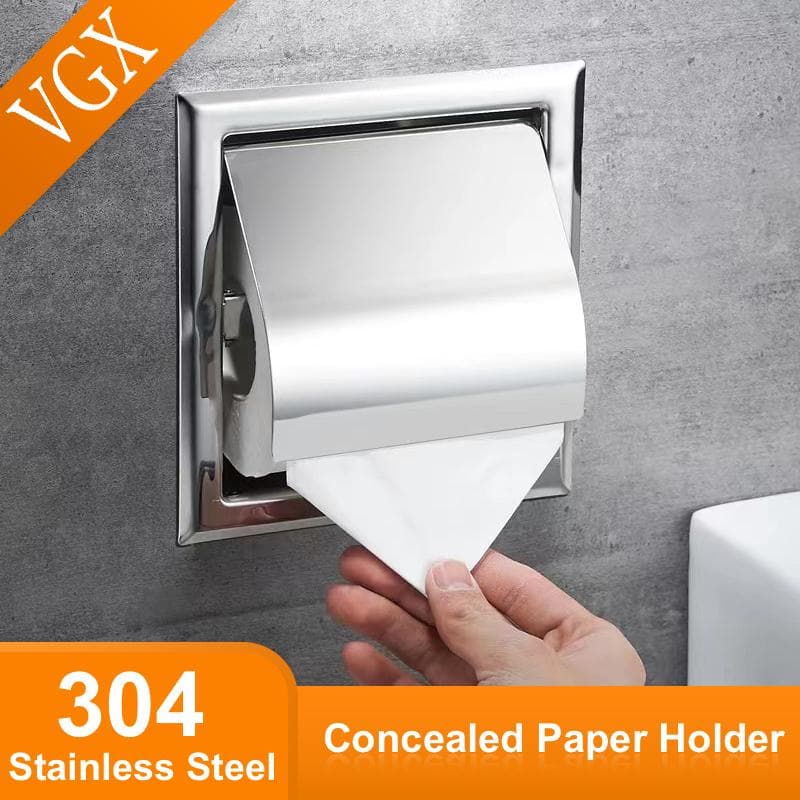 VGX Eingebauter Toilettenpapierhalter Verdeckte Rollen-Tissuebox 304 Edelstahl Wandmontage Badezimmerzubehör Matt Schwarz Poliert