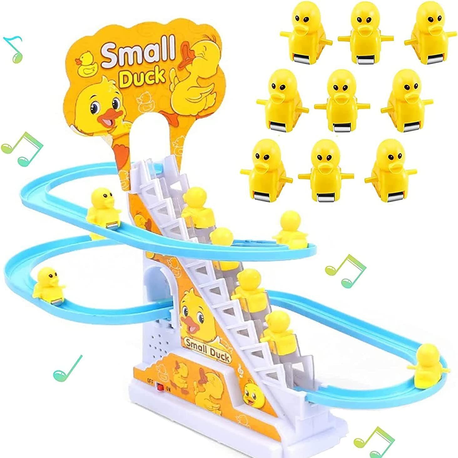 Lustiges Babyspielzeug, elektrische Entenbahn, Rutsche, Spielzeug für Jungen, Enten, Treppensteigen, Spielzeug, Baby, LED-Leuchten, Musik-Achterbahn