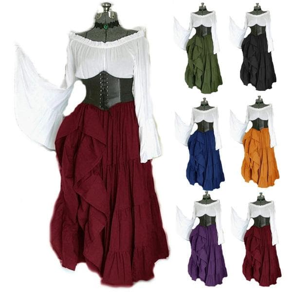 Renaissance Classic Damen Vintage Retro Vogue Flare Sleeve Pirat Zigeunerkleid Chemise Korsett Outfit Taille Steampunk Kostüm Mittelalterlicher