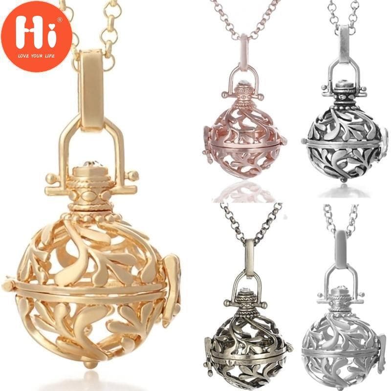 Hallo Medaillon, Engelsrufer, Blätter-Anhänger, lange Halskette mit Musikklang-Harmonie-Kugel rose gold