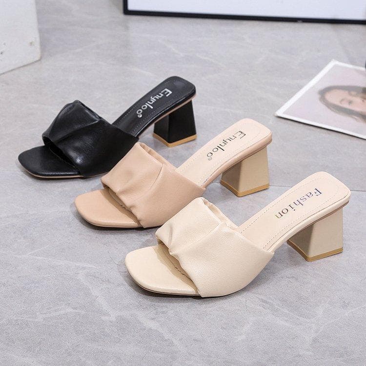 Damen-Sandalen zum Anklipsen, hoher, dicker Absatz, lässig, quadratische Zehenpartie, einfarbig, Oberbekleidung, Sandalen, 5,5 cm, 35–42 cm beige